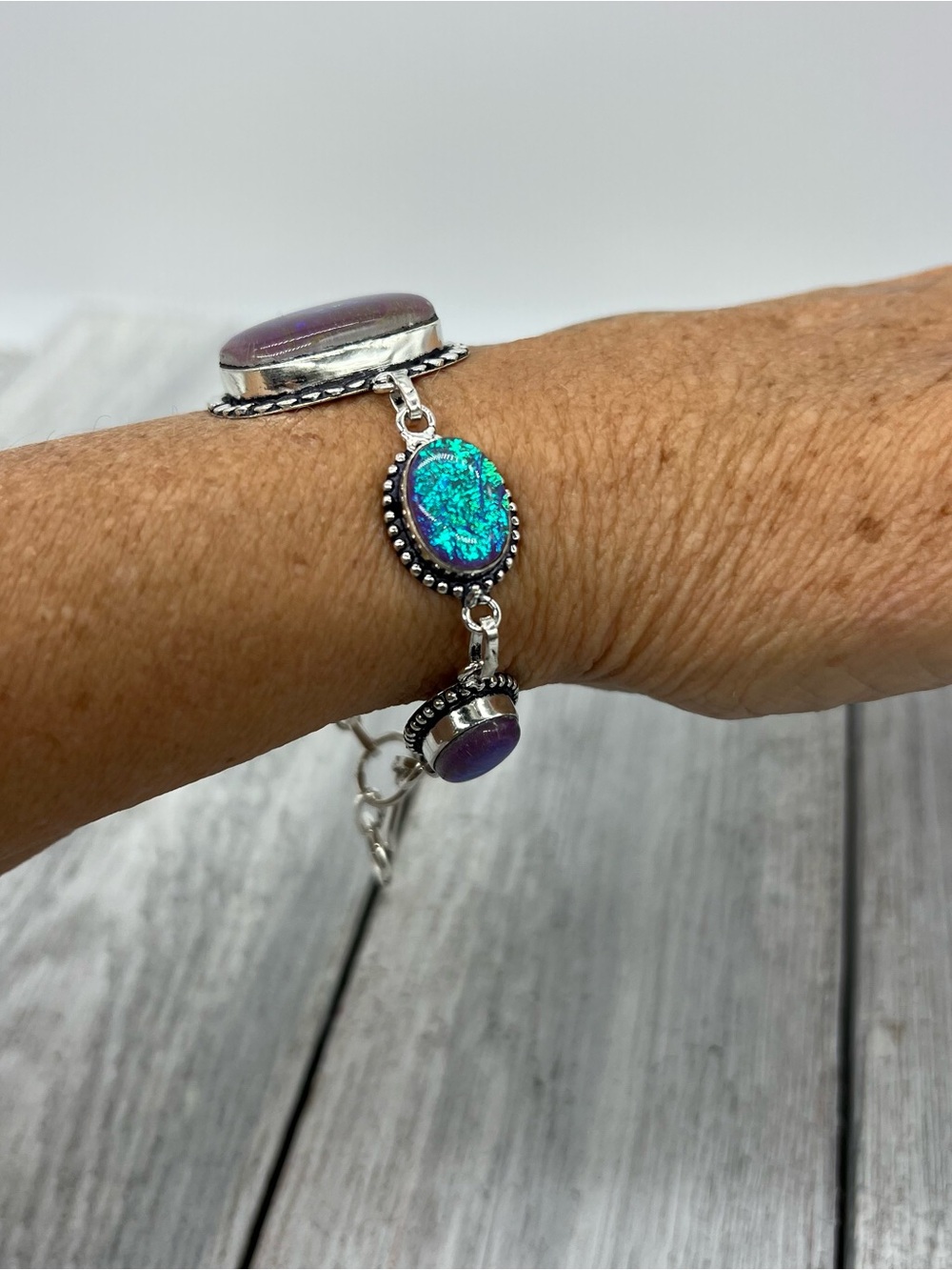 349. Triplet Opal Sterling Silver Iridescent Blue-Green Opal Bracelet - 7.25-8” - Picture 8 of 10